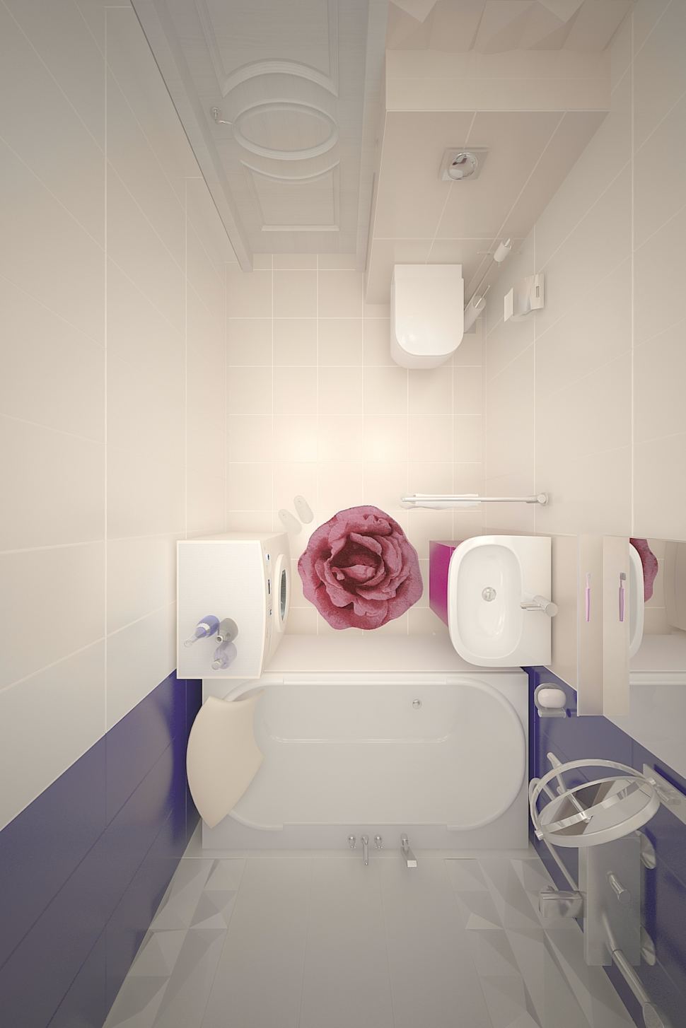 Визуализация ванной комнаты 3 кв.м в бежевых тонах , подвесной унитаз, тумба, раковина, ванна, коврик