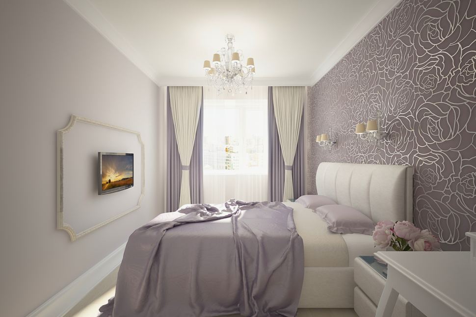 Дизайн спальни 16 кв.м в серых тонах, белые портьеры, кровать, прикроватная тумба, обои, телевизор, люстра