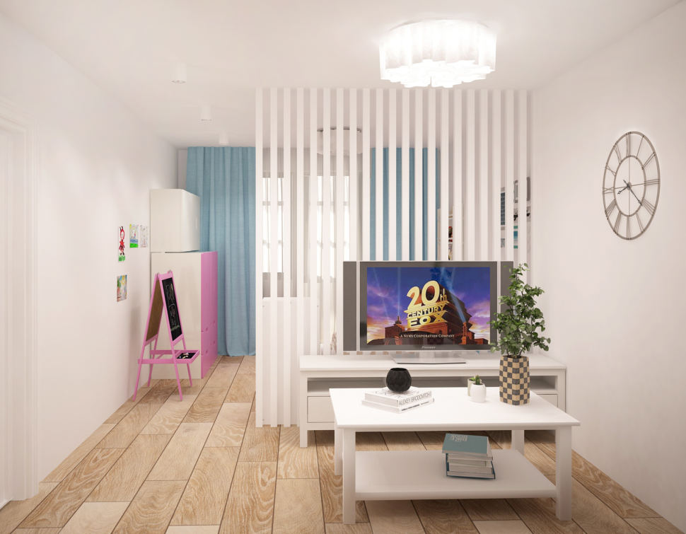 Проект гостиной 20 кв.м в светлых оттенках с акцентами, тумба под ТВ, телевизор, перегородка, белый журнальный столик