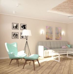 Дизайн-проект гостиной 20 кв.м в белых тонах, серый угловой диван, кресло, бирюзовой пуф, декор 