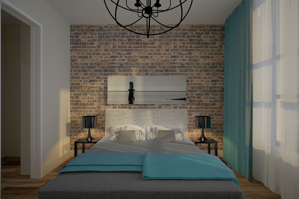Проект спальни 20 кв.м в теплых оттенках с бирюзой, бирюзовые портьеры, серая кровать, подвесные светильники, прикроватная тумба