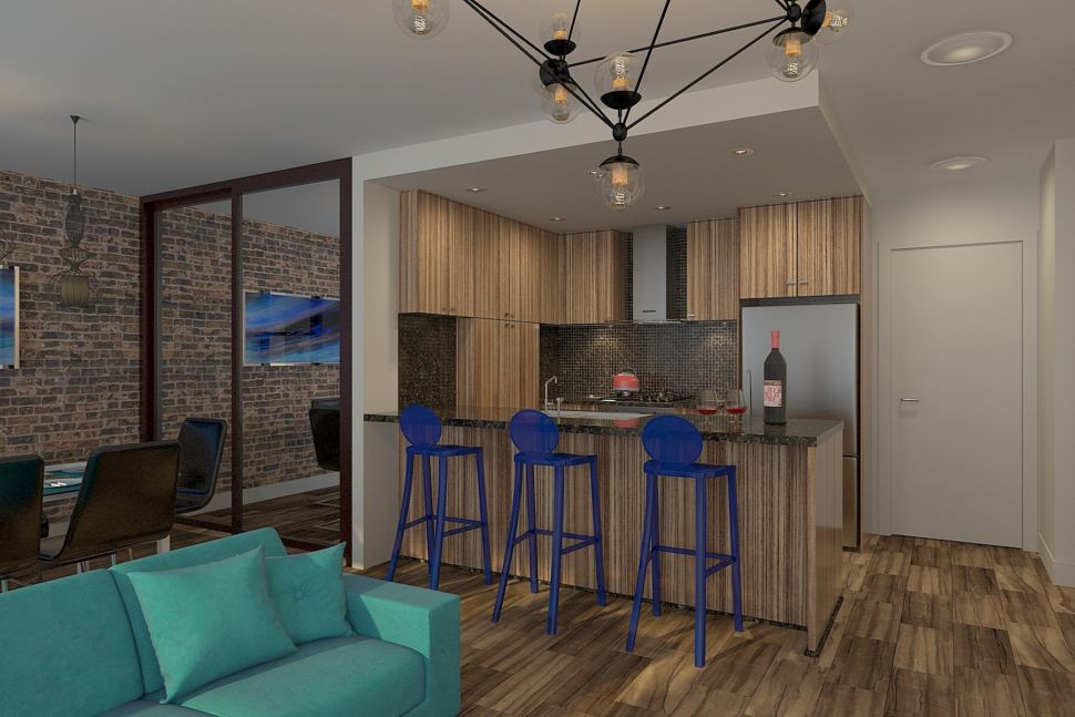 Дизайн-проект кухни 34 кв.м в светлых тонах с акцентными текстурам, синие стулья, барная стойка, кухонный гарнитур, люстра лофт