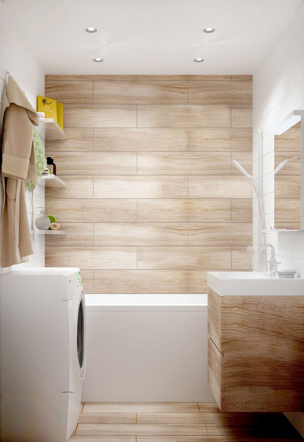 Дизайн-проект ванной комнаты 3 кв.м в светлых тонах, керамическая плитка под дерево, стиральная машина, полки, мойка, зеркало, ванна