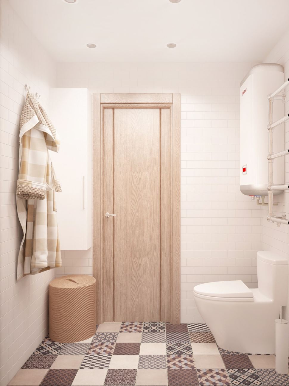 Дизайн ванной комнаты 3 кв.м в теплых оттенках, белый унитаз, водонагреватель, светильники, керамическая плитка, плитка с орнаментом