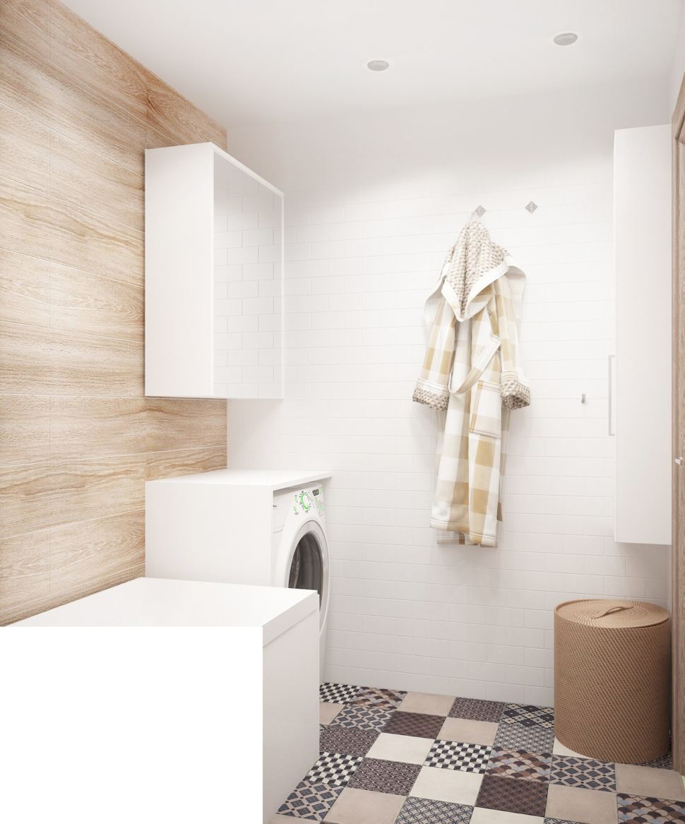 Визуализация ванной комнаты 3 кв.м с светлых тонах, керамическая плитка, ванна, стиральная машинка, подвесная полка