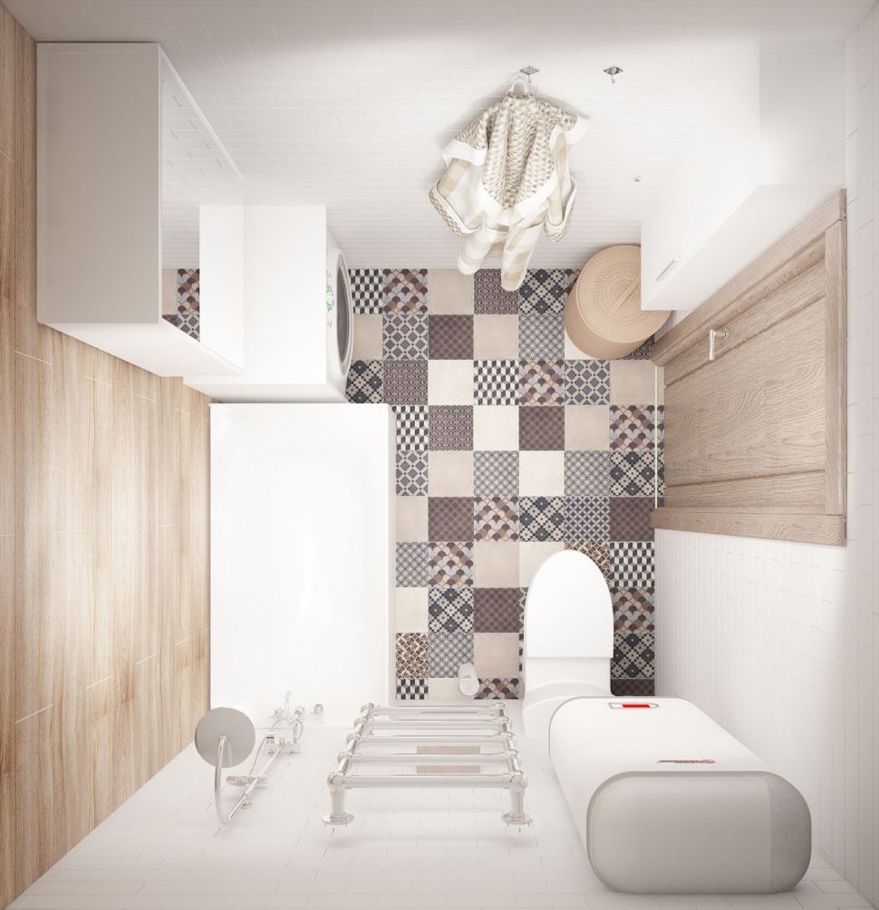 Интерьер ванной комнаты 3 кв.м в бежевых оттенках, керамическая плитка, орнамент, плитка под дерево, стиральная машина, шкафчик