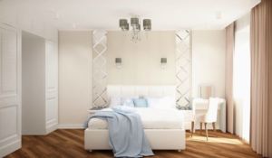 Дизайн-проект спальни 12 кв.м в белых тонах, туалетный столик, кровать, белый шкаф, зеркало