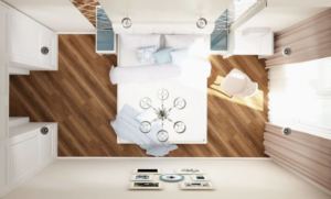 Визуализация спальни 12 кв.м в светлых тонах, кровать, туалетный столик, прикроватная тумба, шкаф