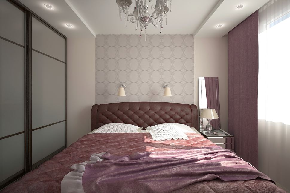 Проект спальни 16 кв.м в светлых тонах с фиолетовыми оттенками, шкаф, бордовая кровать, обои, зеркало, прикроватная тумбочка
