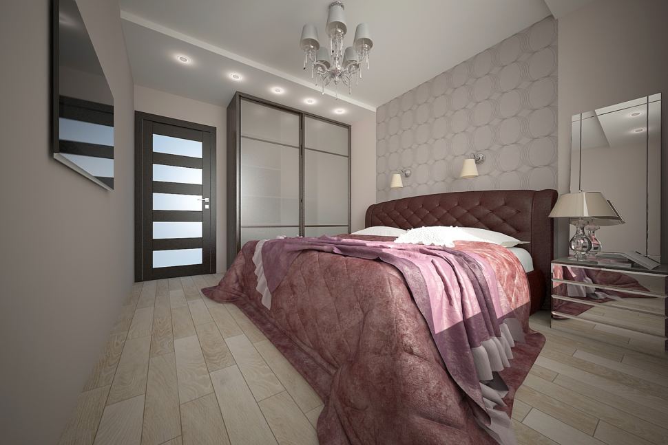 Визуализация спальни 16 кв.м в светлых тонах с фиолетовыми оттенками, шкаф, кровать, телевизор, зеркало, зеркальная тумба